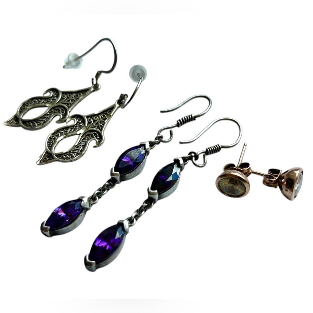 3 pair Mixed Sterling Earring Set with CZ’s, amethyst, filigree
